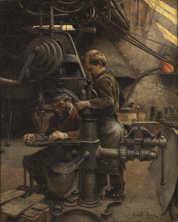 Craftsmen working with industrial machinery in a 19th century workshop